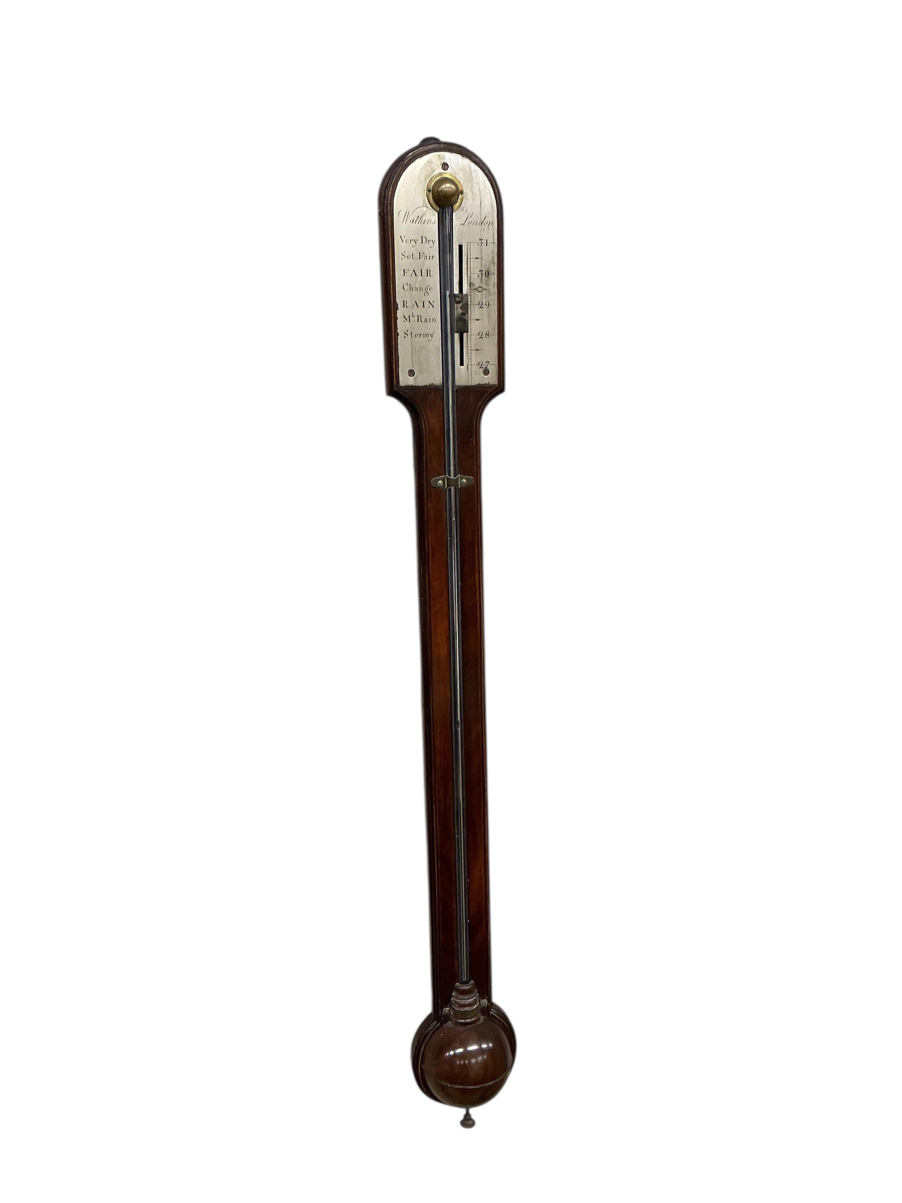 A George III mahogany stick barometer, silver dial marked Watkins, London, height 95cm